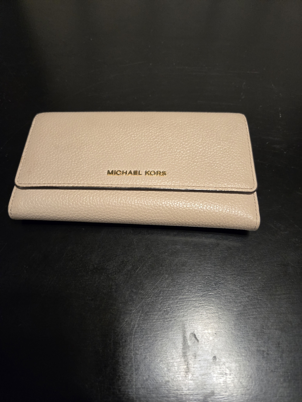 Michael Kors Pebbled Leather Trifold Wallet in Blush Nude with Gold Logo